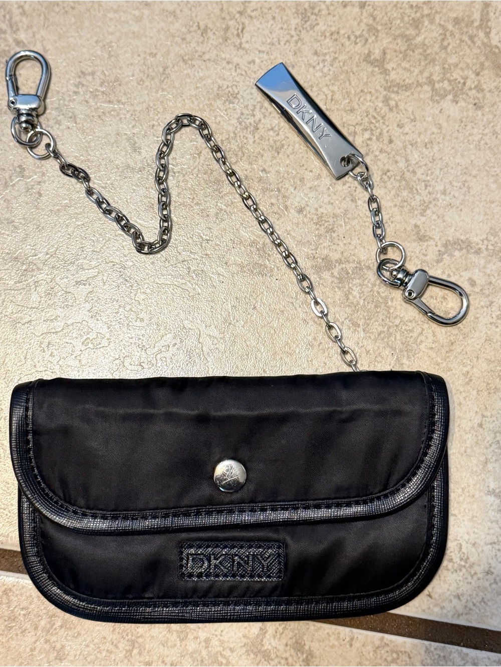 DKNY Black Nylon Wallet with Silver Chain and Logo Tag